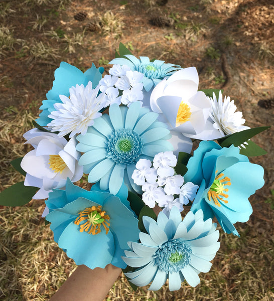 Blue Himalayan Poppy and White Magnolia Paper Flower Bouquet - Medium Bouquet