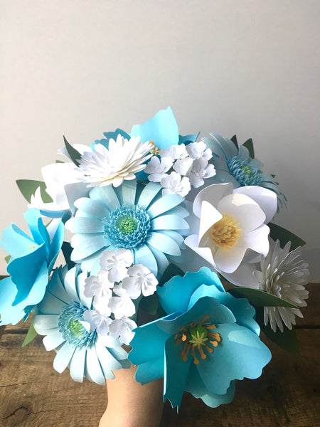 Blue Himalayan Poppy and White Magnolia Paper Flower Bouquet - Medium Bouquet