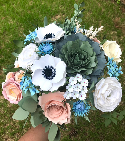 Blue Teal and Tangerine Paper Flower Arrangement - Small Bouquet