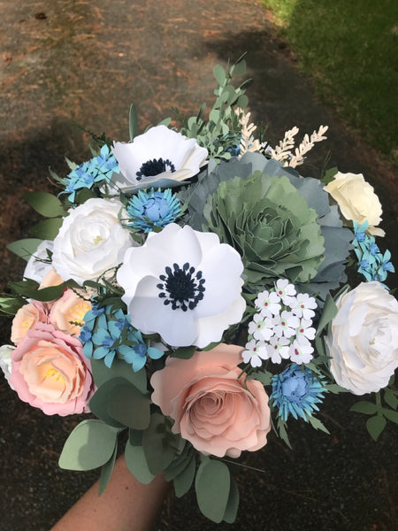 Blush, White, and Blue Paper Flower Bouquet with Ornamental Kale - Large Bouquet - Custom Bouquet