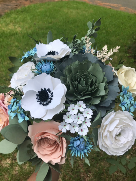 Blush, White, and Blue Paper Flower Bouquet with Ornamental Kale - Large Bouquet - Custom Bouquet