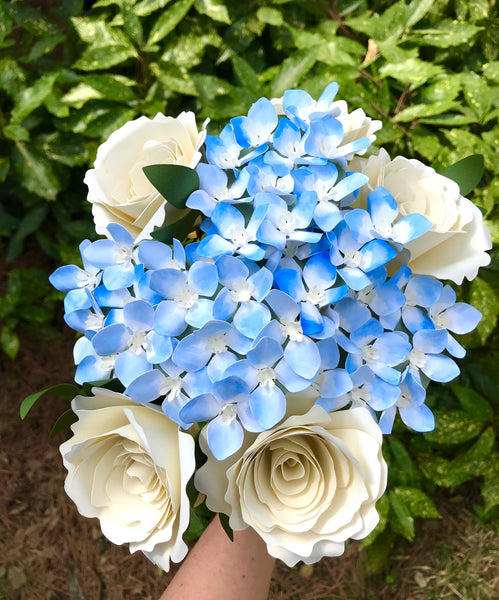 Cream Roses and Blue Tip Hydrangeas Paper Flower Bouquet - Medium Bouquet - Large Bouquet - Custom Bouquet