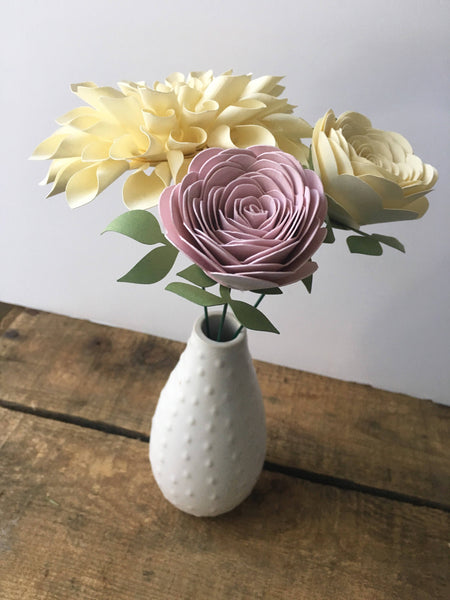 Cream Dahlia and Pink Rose Paper Flower Arrangement - Small Bouquet