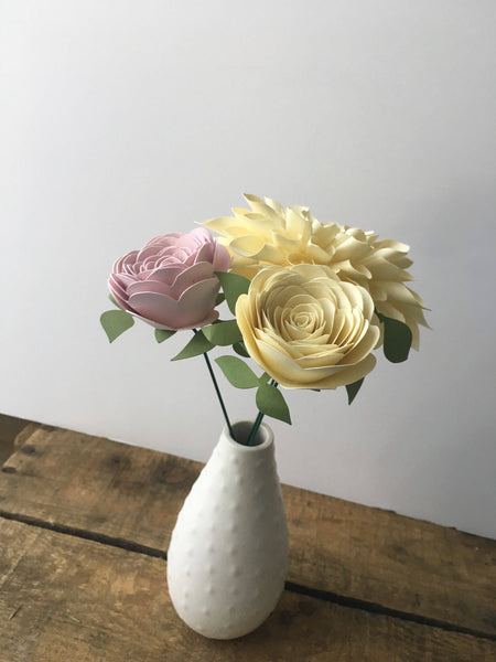Cream Dahlia and Pink Rose Paper Flower Arrangement - Small Bouquet
