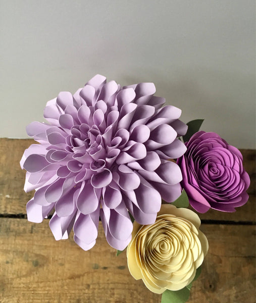 Lavender and Cream Dahlia and Rose Paper Bouquet - Small Bouquet