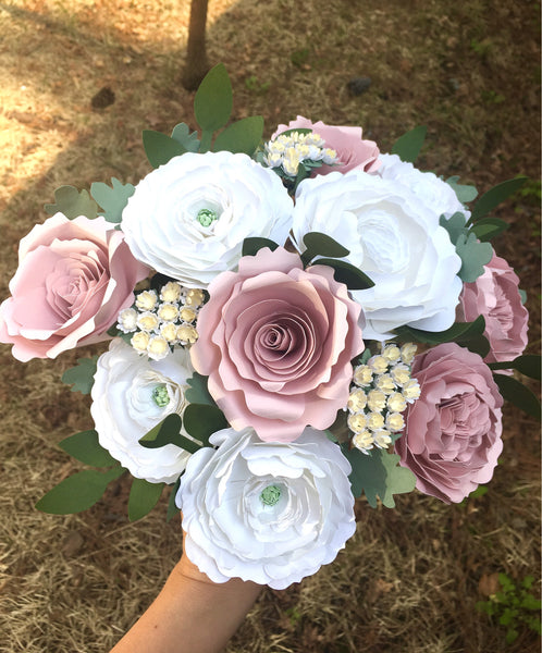 White Ranunculus and Blush Roses Paper Bouquet