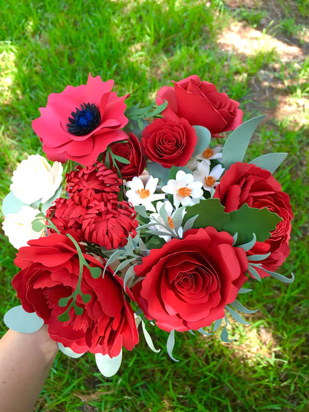 Red Double Peony and Red Roses Paper Flower Bouquet - Medium Bouquet