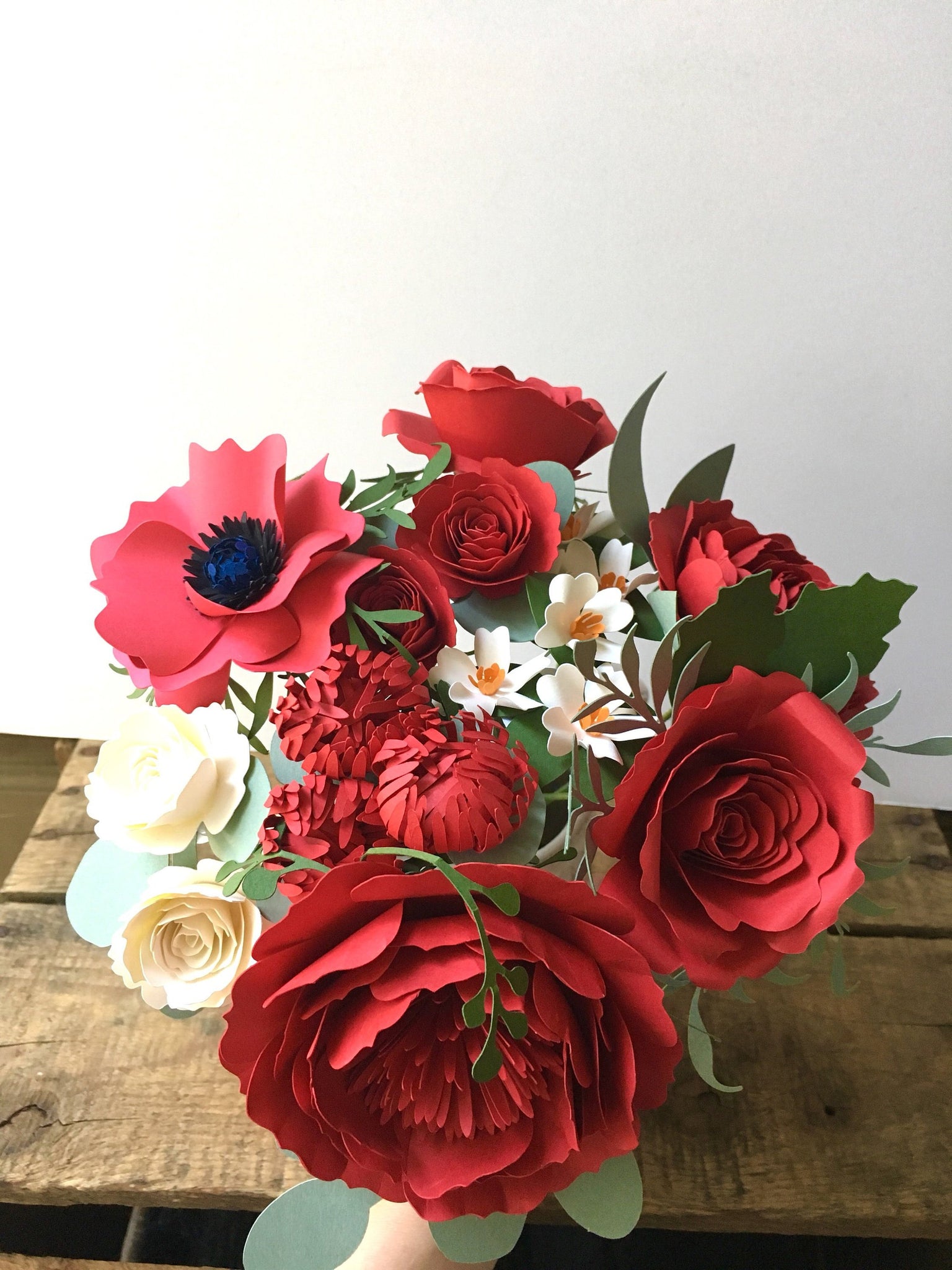 Red Double Peony and Red Roses Paper Flower Bouquet - Medium Bouquet