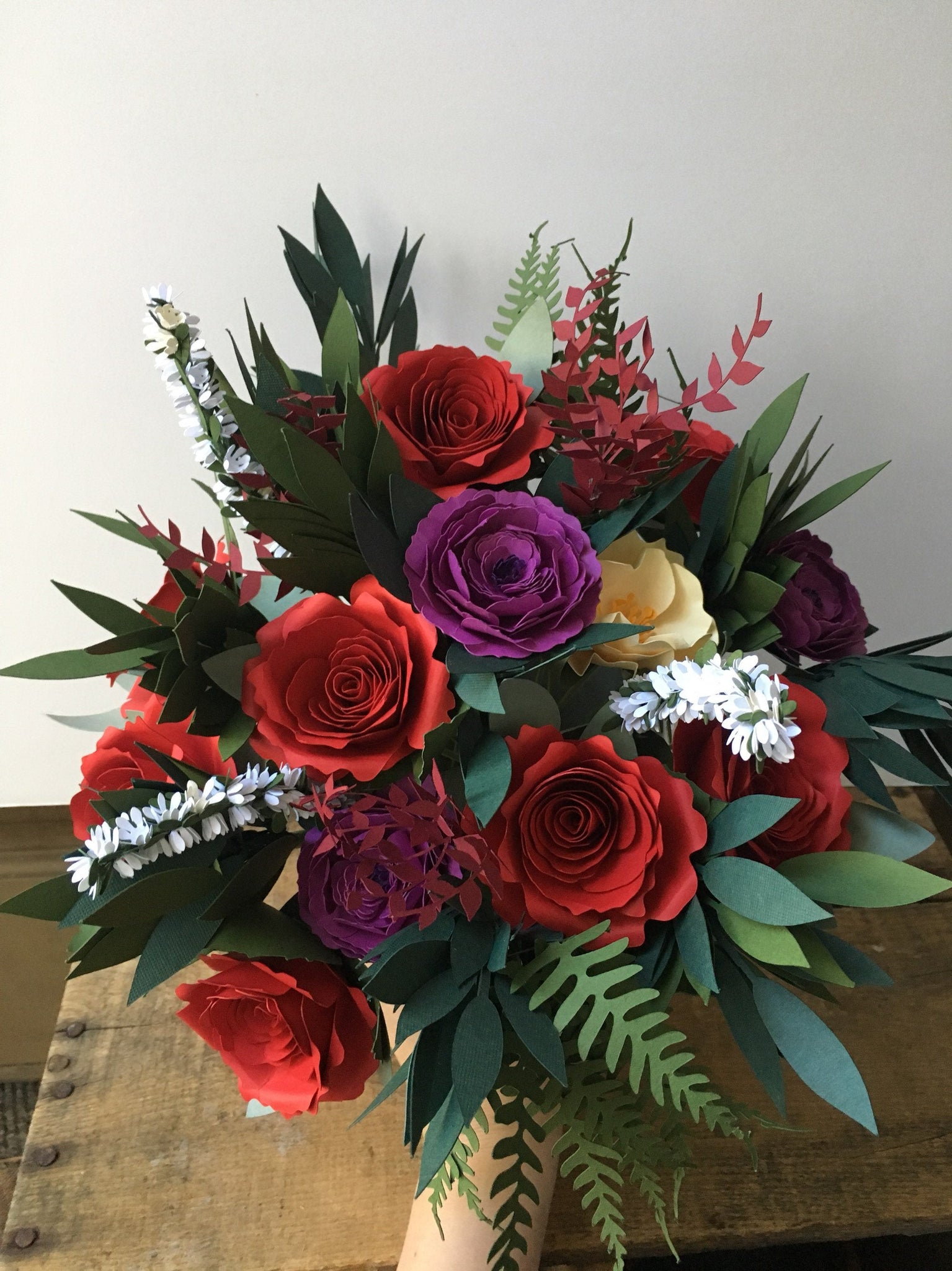 Red Roses, Purple Orchid Ranunculus, and Foliage Paper Bouquet - Large Bouquet - Custom Bouquet