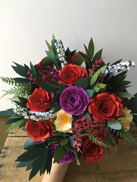 Red Roses, Purple Orchid Ranunculus, and Foliage Paper Bouquet - Large Bouquet - Custom Bouquet