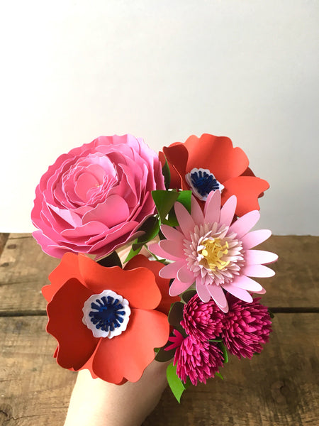 Pink Peony and Red Anemone Paper Flower Arrangement - Small Bouquet