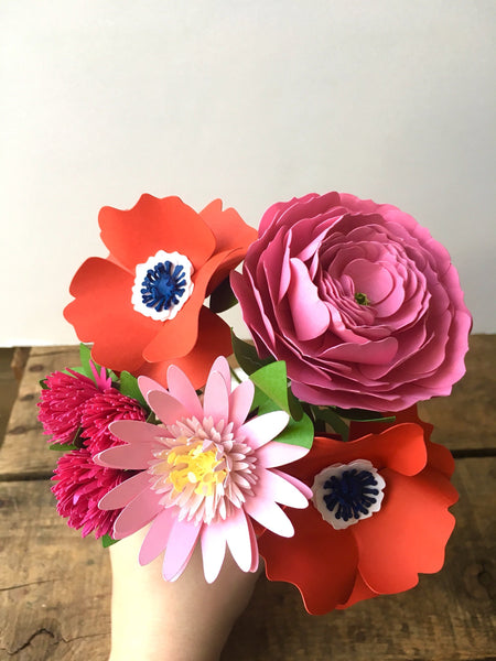 Pink Peony and Red Anemone Paper Flower Arrangement - Small Bouquet