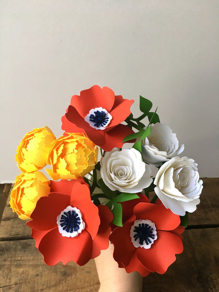 Red Anemones, Yellow, and White Paper Bouquet - Small Bouquet - Medium Bouquet