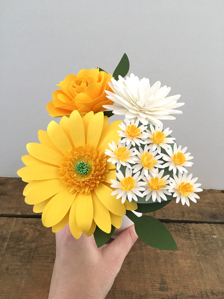 White and Yellow Gerbera Daisy Paper Flower Bouquet - Small bouquet