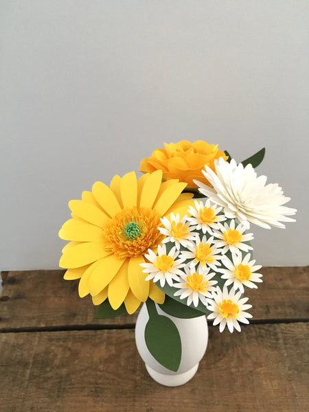 White and Yellow Gerbera Daisy Paper Flower Bouquet - Small bouquet