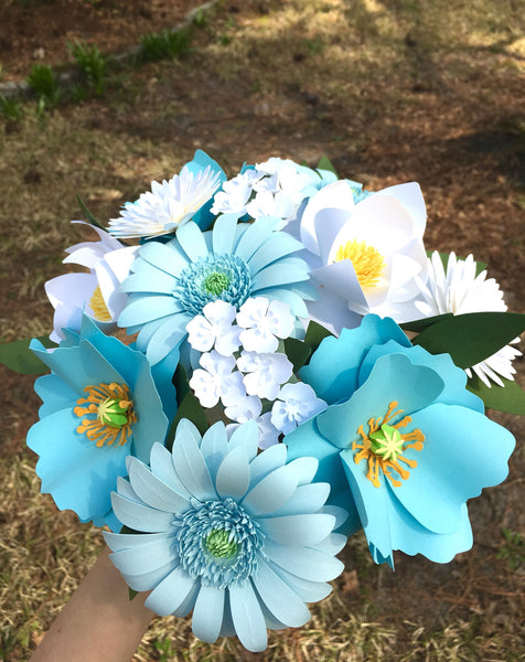 Blue Himalayan Poppy and White Magnolia Paper Flower Bouquet - Medium Bouquet