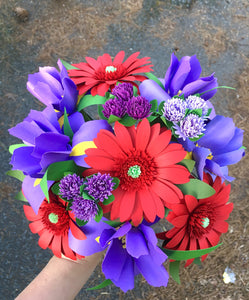 Red Gerbera Daisies and Purple Irises Paper Flower Bouquet - Medium Bouquet