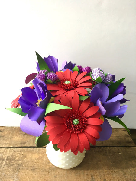 Red Gerbera Daisies and Purple Irises Paper Flower Bouquet - Medium Bouquet