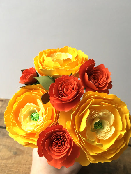 Yellow Ranunculus and Orange Roses Paper Bouquet