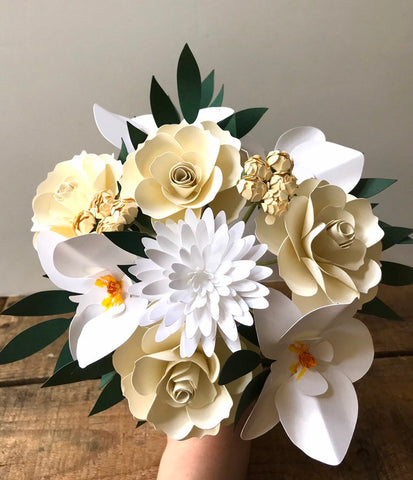 White Phalaenopsis Orchids and Cream Roses Paper Bouquet - Medium Bouquet