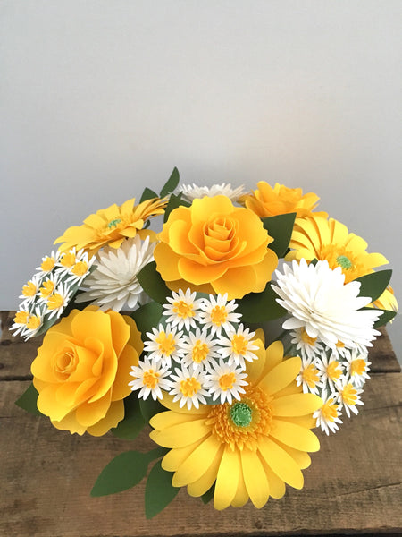 Lemon Yellow and White Daisy Paper Bouquet - Medium Bouquet - Custom Bouquet