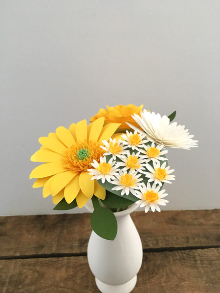 White and Yellow Gerbera Daisy Paper Flower Bouquet - Small bouquet
