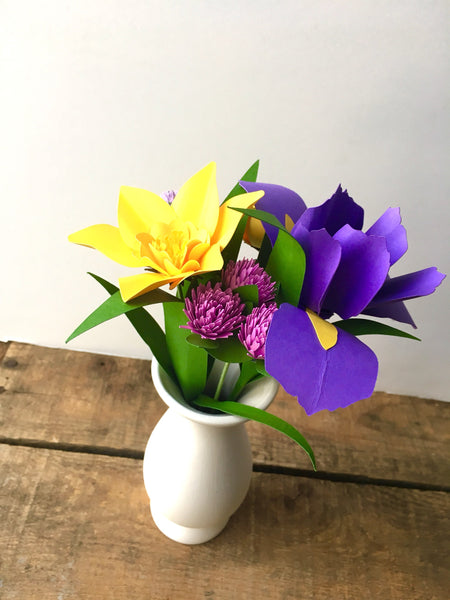 Yellow Daffodil and Purple Iris Paper Flower Bouquet - Small Bouquet