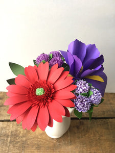 Red Gerbera Daisy and Purple Iris Paper Bouquet - Small Bouquet