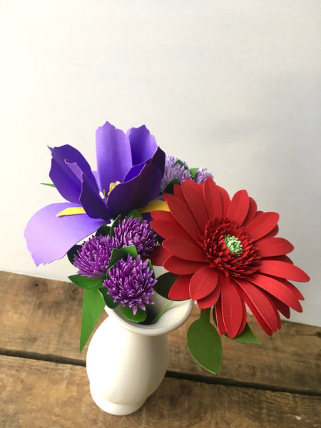 Red Gerbera Daisy and Purple Iris Paper Bouquet - Small Bouquet