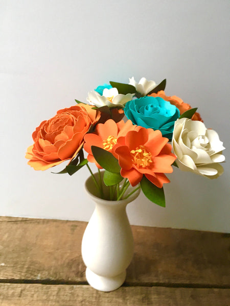Blue Teal and Tangerine Paper Flower Arrangement - Small Bouquet