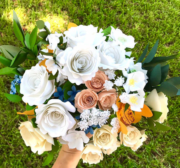 White Roses, Gold Cymbidium Orchid Paper Flower Bouquet - Large Bouquet - Custom Bouquet