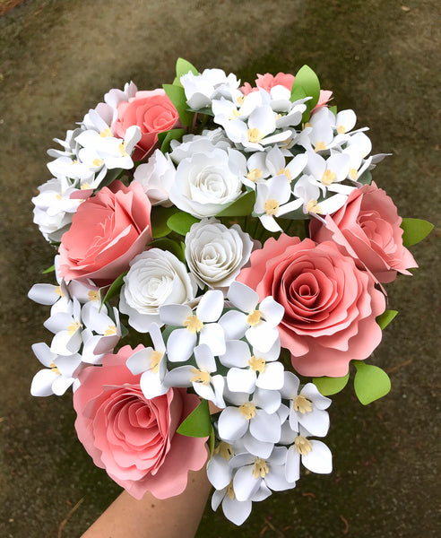 Pink Roses and White Hydrangeas Paper Bouquet - Large Bouquet - Custom Bouquet